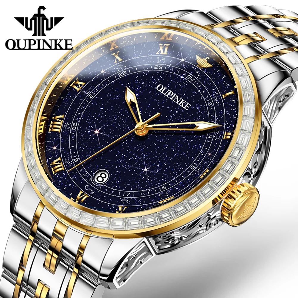 

OUPINKE Original Automatic Mechanical Watch Mens Star Diamond Design Luminous Waterproof Wristwatch Calendar Luxury Montre Homme