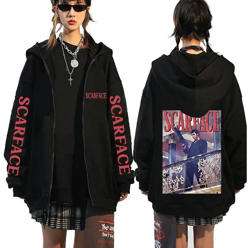 Vintage Movie Scarface Tony Montana Railing Shot Black Zipper Hoodie Al Pacino Hoodies Men Women Gothic Oversized Zip Up Jacket