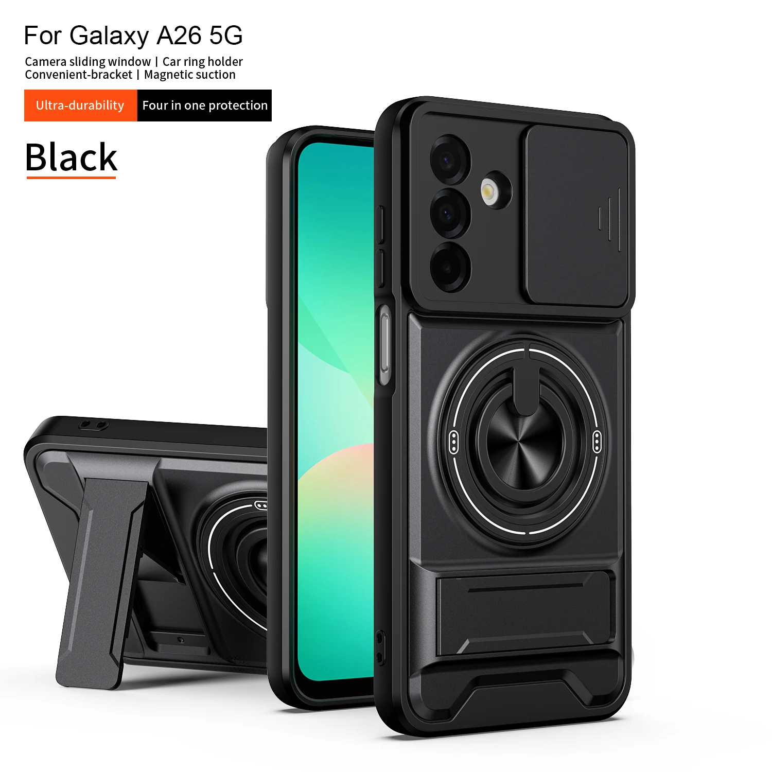 Rugged Shockproof Phone Case with Slide Lens Protector and Ring Holder