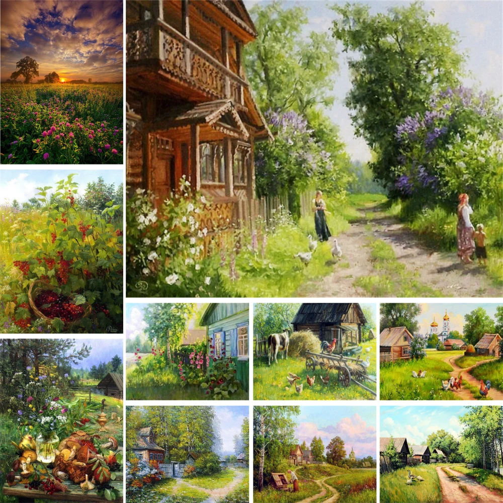 

Landscape Painting By Numbers Package Green Spring Village Picture for Kitchen Wall Home Decoration Acrylic Paint Handicraft