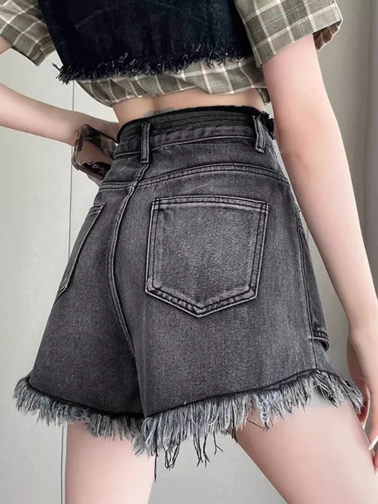 New Women Summer American Retro Shorts Fashion High Waist A-Line Ragged edge Denim Shorts Casual Vintage Blue Thin Shorts
