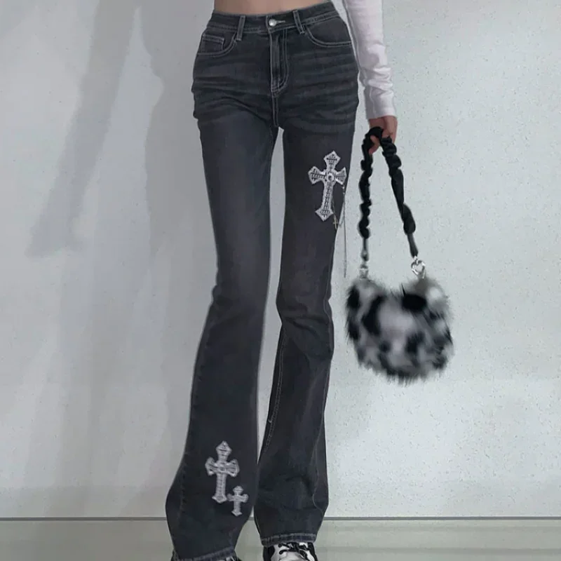 Women Streetwear Y2k Cross Harajuku Gothic High Waist Chic Denim Pants Embroidery Slim Flare Pants Female Vintage Jeans Trousers