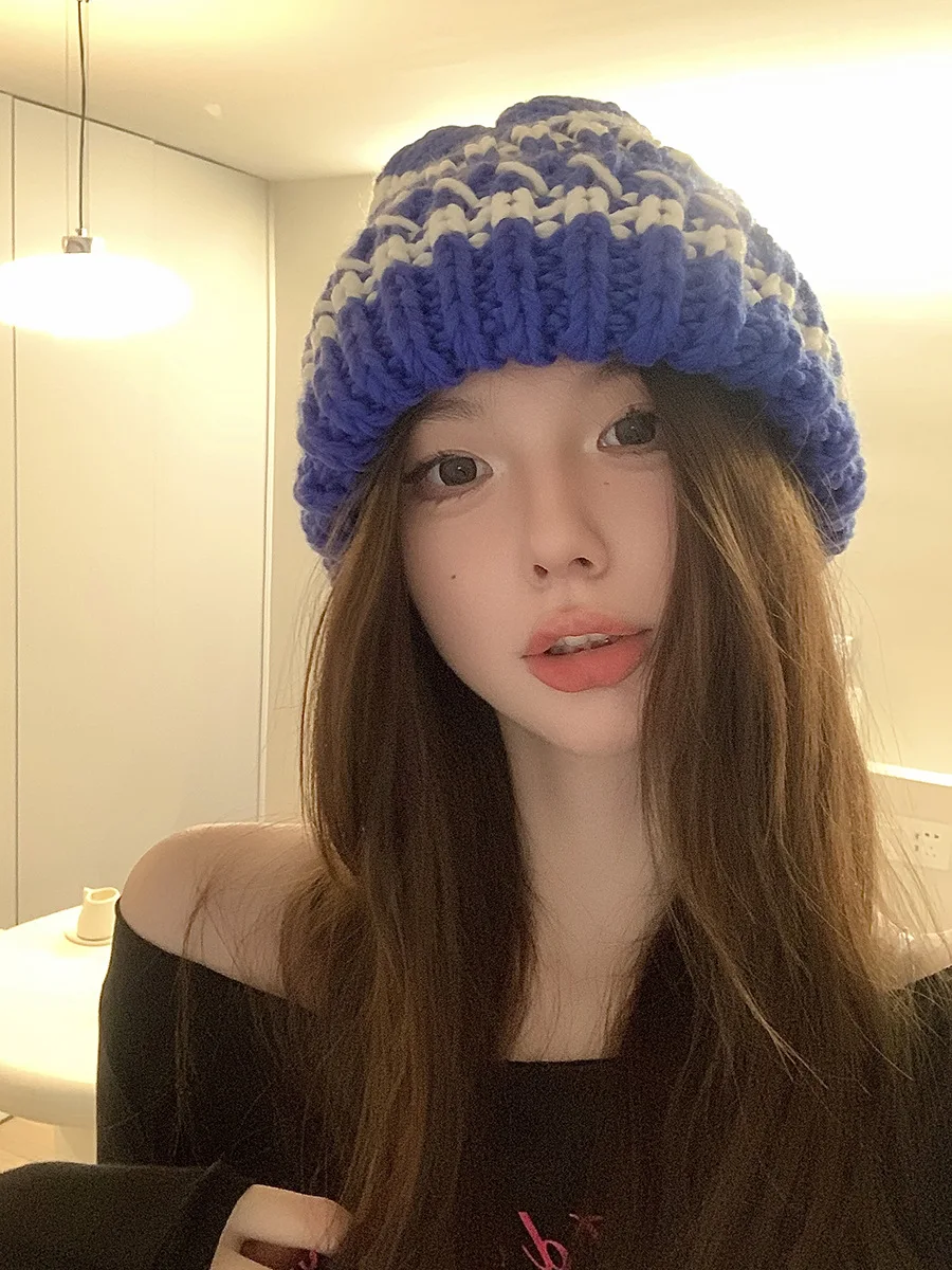 Gebreide beanie muts dames gestreept dik winter warm retro stijl_voghion.com