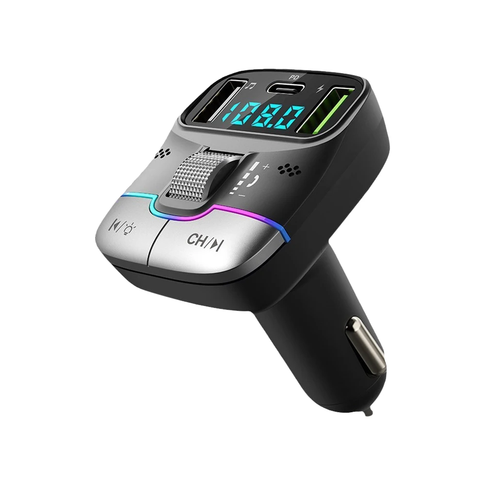 Bluetooth 5.3 Car FM Transmitter Wireless Bluetooth Car Adapter MP3 Player Handsfree Call Dual USB PD Fast Charger Roller Wheel