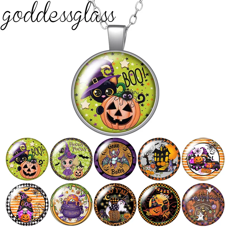 Happy Halloween Pumpkin Cat Witch Pumpkin Cute Round Glass Cabochon Argento Placcato Ciondolo Collana Regalo Di Gioielli