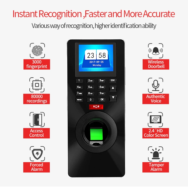 2.4Inch TFT Monitor FP18 Fingerprint Password ID Card Time Attendance Machine and Access Control System