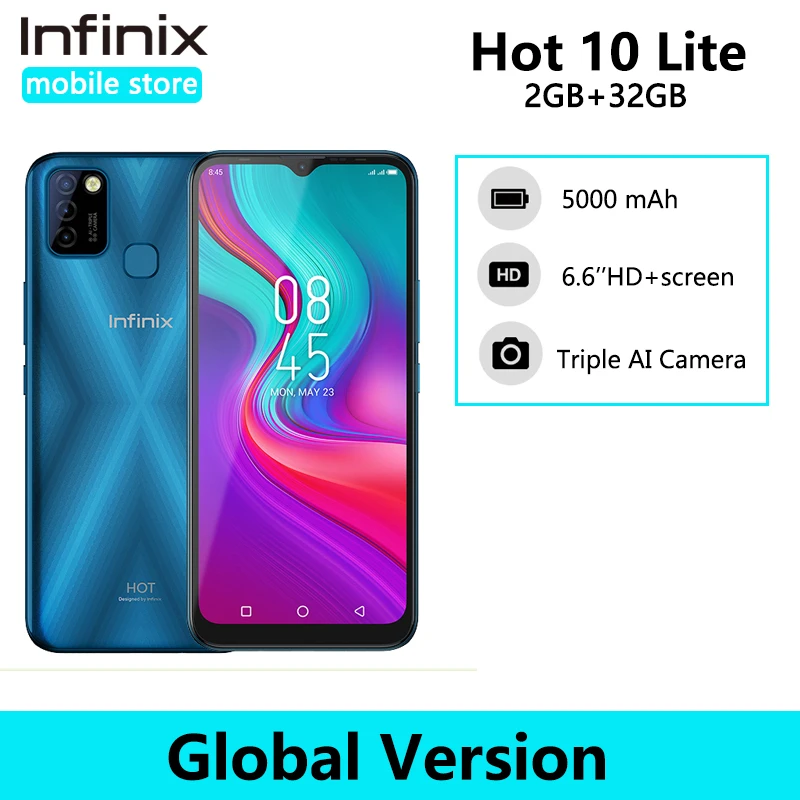 Global Version Infinix Hot 10 Lite Smart Phone 6.6''HD screen 5000mAh Battery 1600*720P 13MP Camera Helio A20 latest infinix