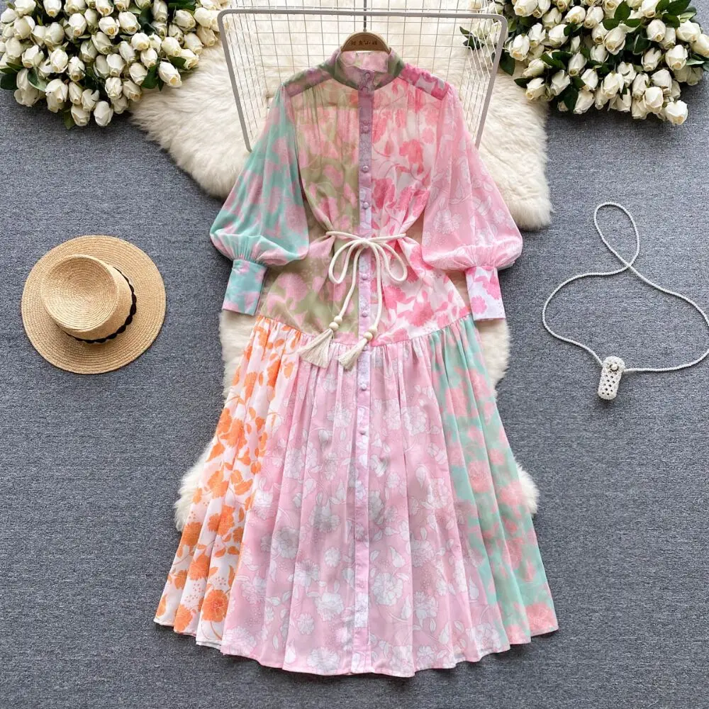 

Women Print Pleated Elegant Lantern Sleeve Dress A-line Casual Lace Up Vacation Party Dress Women Fashion Summer Spring Vestidos