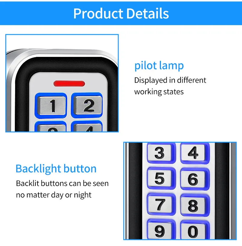 12V Standalone Metal Access Control Keypad Outdoor Waterproof IP68 Zinc 2000 Use