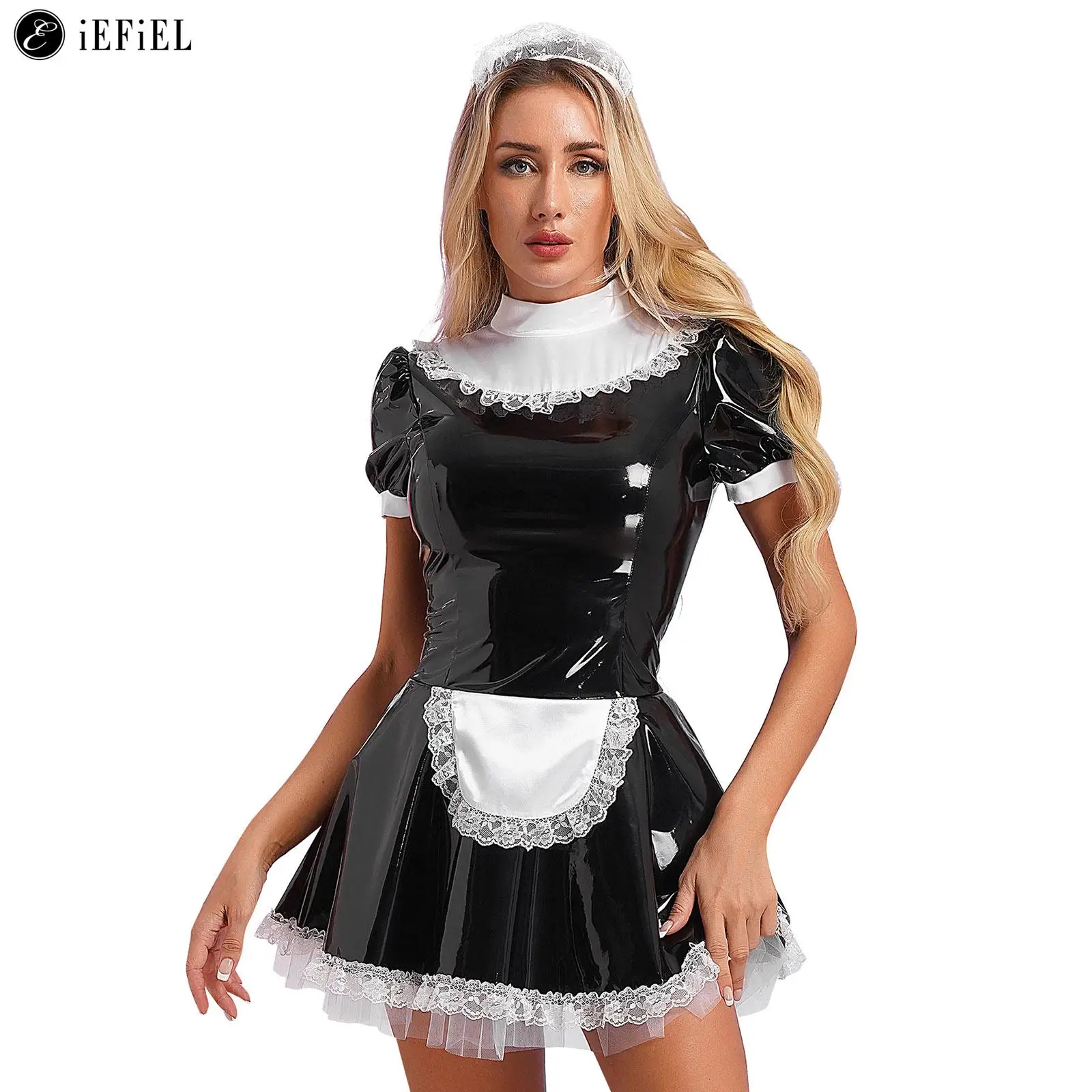 

Womens Sweet Maid Costume Shiny Metallic Satin French Apron Maidservant Lace Ruffle Mini Dress Sissy Crossdressing Uniform