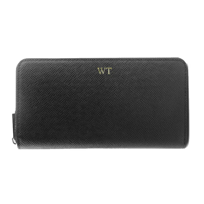 Free Personalized Customized Letter Genuine Saffiano Leather Zipper Long Wallet Multi Card Wallet Men's Wallet Handbag
