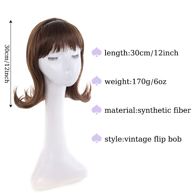 Synthetic Women Wigs Vintage Flip Bob Hair Wig 60s Hairstyle Up-Flipped Haircut with Blunt Hair Bangs for Wome Use Retro Wig