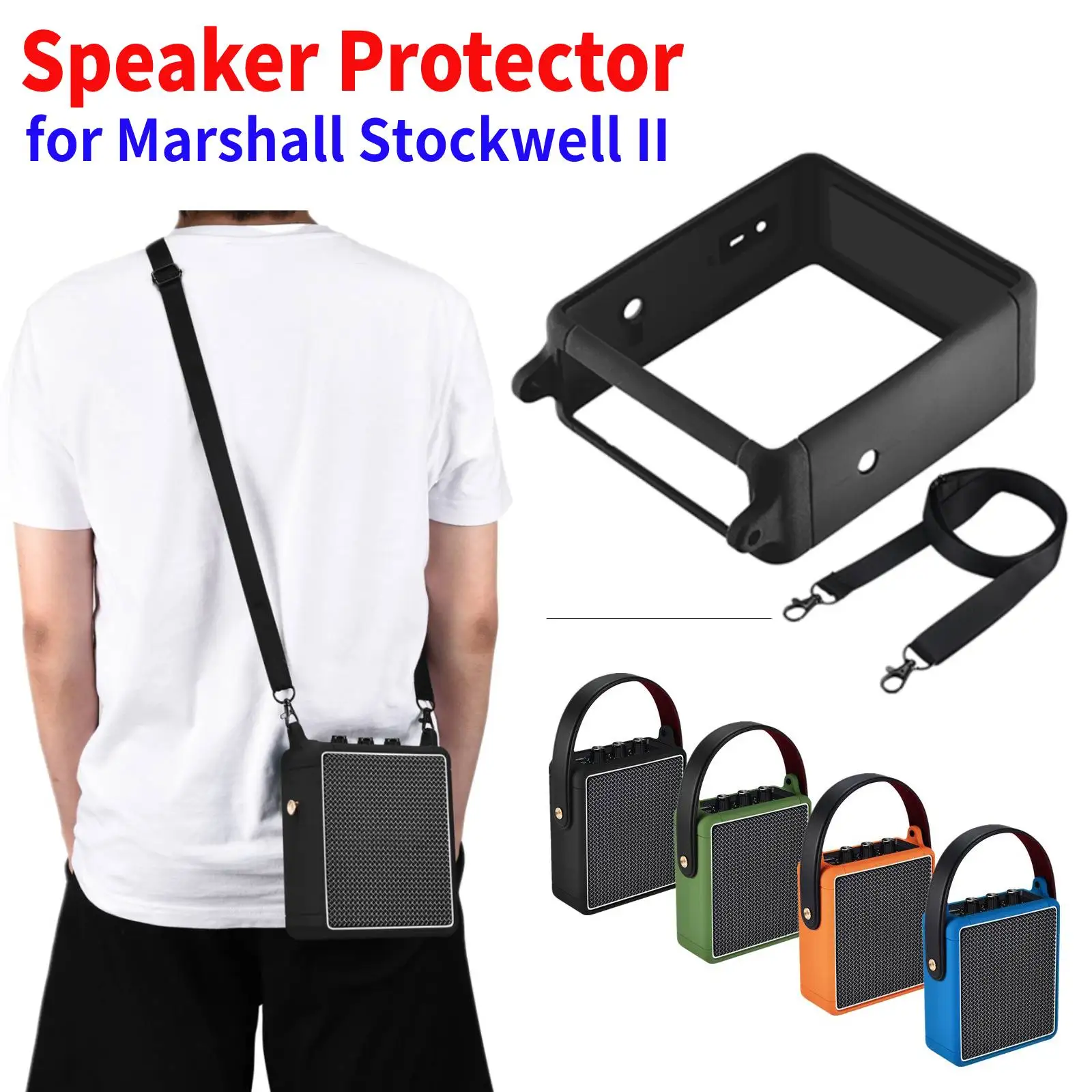 Soft Silicone Speaker Case Cover Adjustable Strap Wireless Speaker Carrying Case Shockproof Dustproof for Marshall Stockwell II