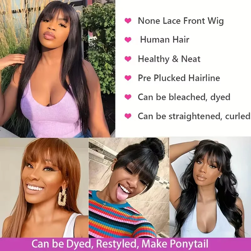 Silky Straight Human Hair Wigs With Bang Full Machine Made Wigs 8-30inch Natural Color AHJF Peruvian Remy Human Hair Wigs 220% 2