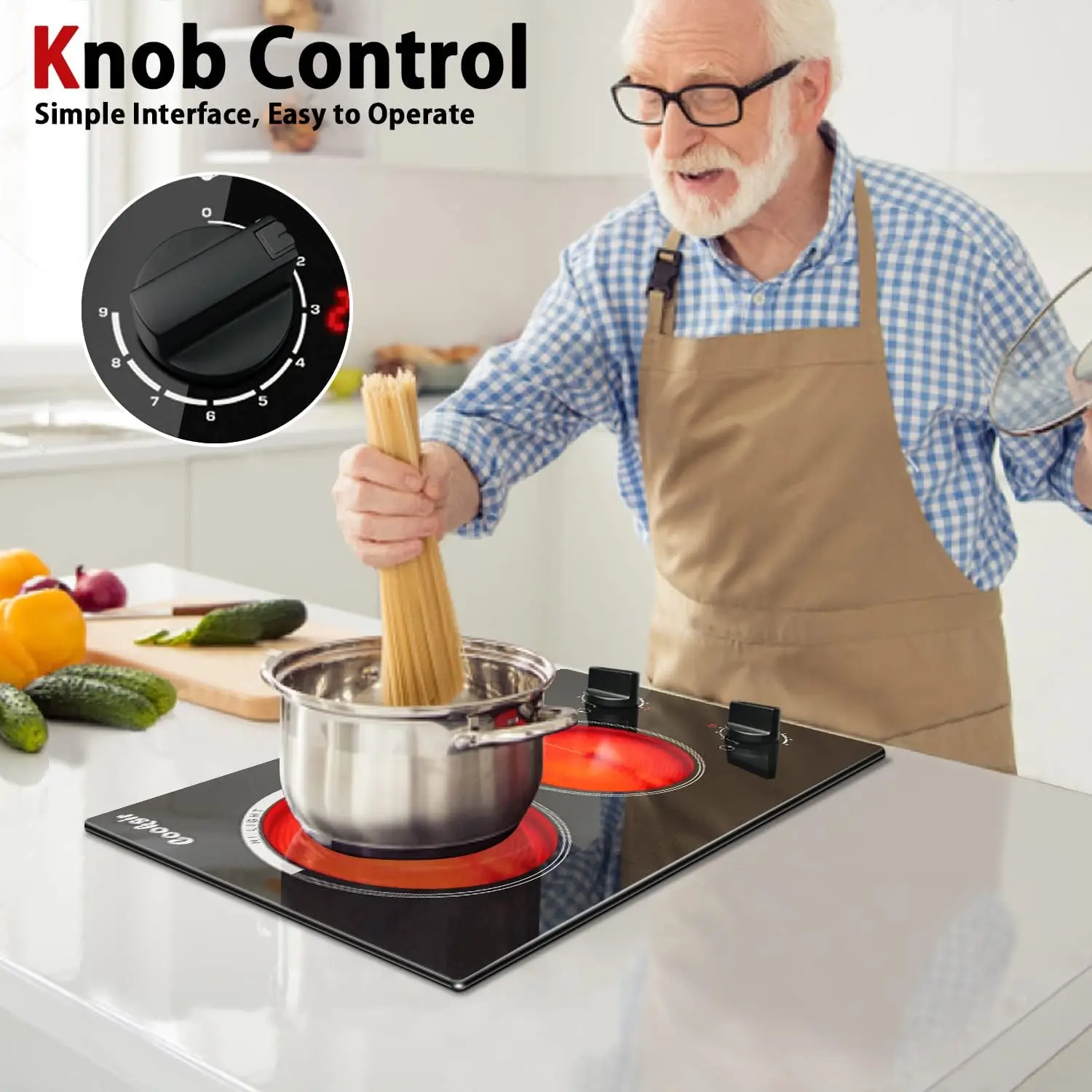 2 Burner Electric Cooktop-110v Countertop Electric Stovetop 2000W, 12 Inch Ceramic Stove with Residual Heat Indicator, Over