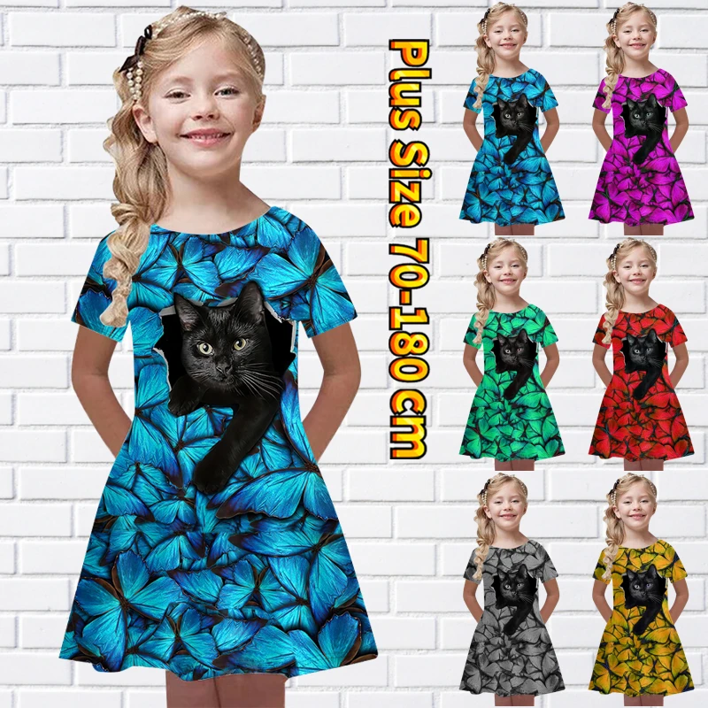 

Little Girl Round Neck Short Sleeve Skirt Summer Lovely Princess Skirt Animal Print Midi Skirt Casual Knee-length Skirt Dress