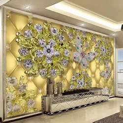 Photo Wallpaper European Style 3D Luxury Gold Jewelry Diamond Flower TV Background Wall Painting Living Room Hotel Mural Decor