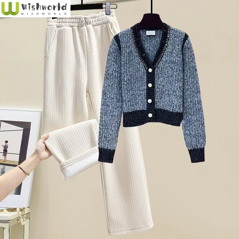 Kpop V-neck Retro Knitted Sweater Cardigan Plush Thickened Casual Wide Leg Trousers Two-piece Elegant Women's Pants Set Outfit