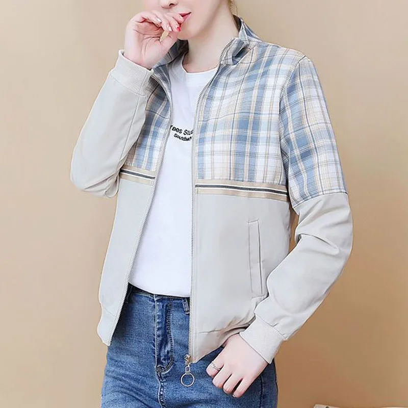 New Spring and Autumn Fashion Korean Edition Spliced Checkered Standing Collar Versatile Casual Simple Women's Jacket Coat