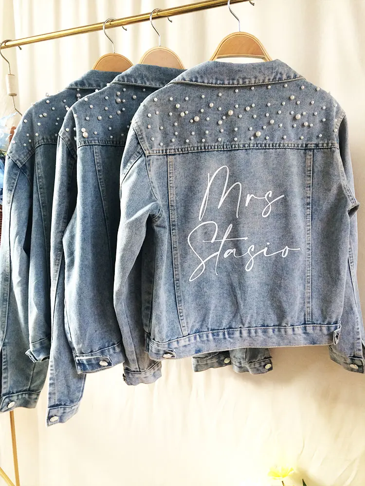 PERSONALIZED Statement Denim Bridal Jacket Custom Name Pearl Detailing MRS Jacket Custom Date Placement On Collar Bride Gift New