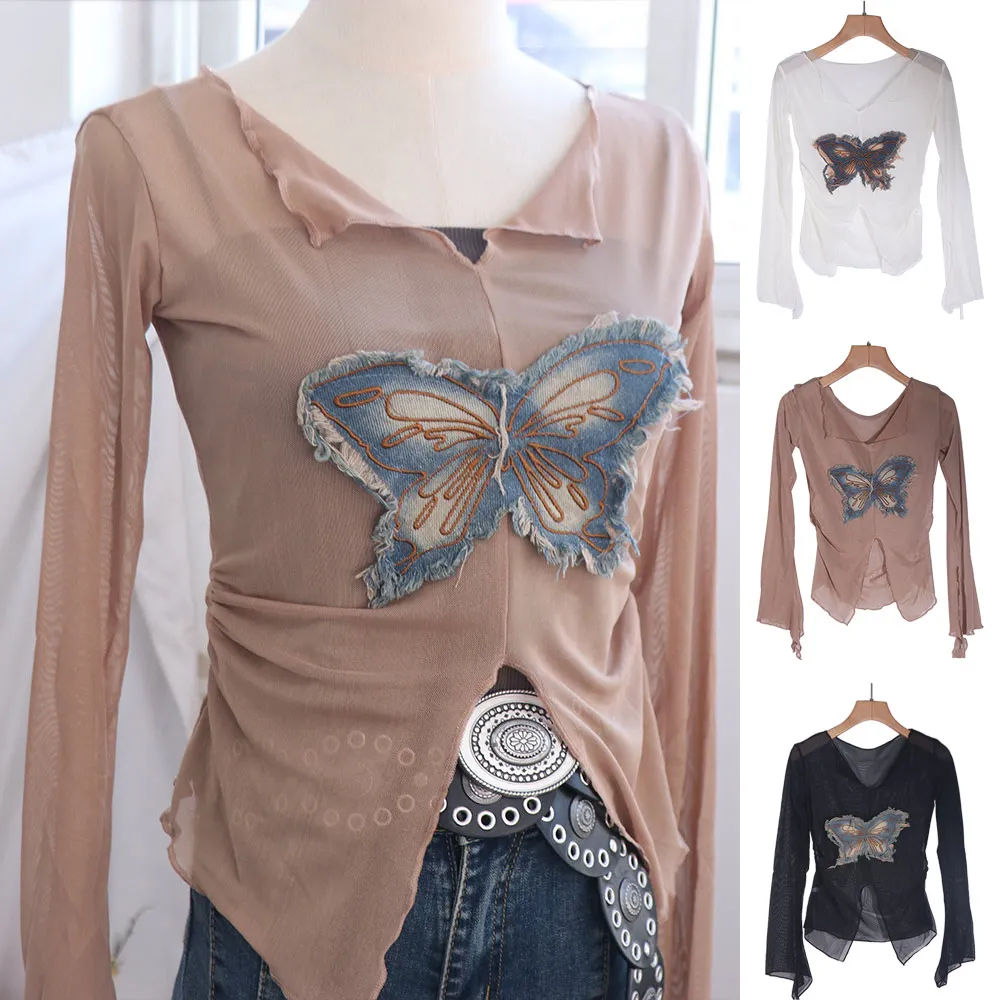 V-neck Mesh Sheer T Shirts American Retro Long Sleeves Butterfly Patchwork Tops Irregular Streetwear Shirts for Women