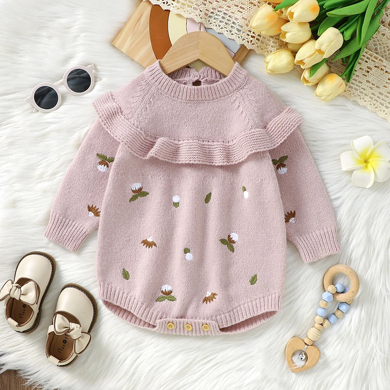 

0-18m Baby Bodysuits Knitted Cute Pink Crew Neck Long Sleeves Newborn Infant Girls Floral Onesie Spring Fall Winter Kids Costume