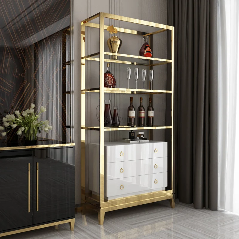 *Stainless Steel Gold Wine Bar Cabinet Display Shelving With Drawers Sideboard Modern China cabinet For Living Room