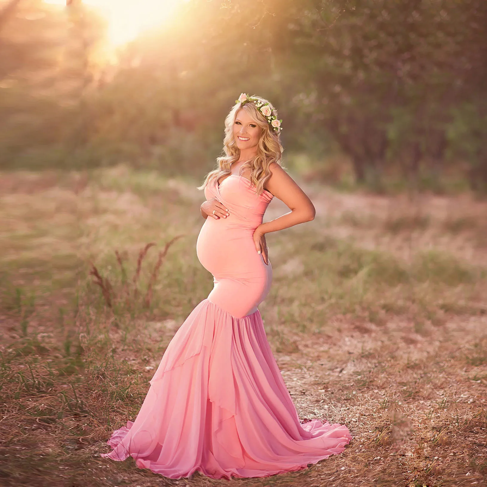 

Women Off Shoulder Strapless Tired Mermaid Maternity Dress Elegant Fitted Chiffon Gown for Photoshoot Photography Baby Shower