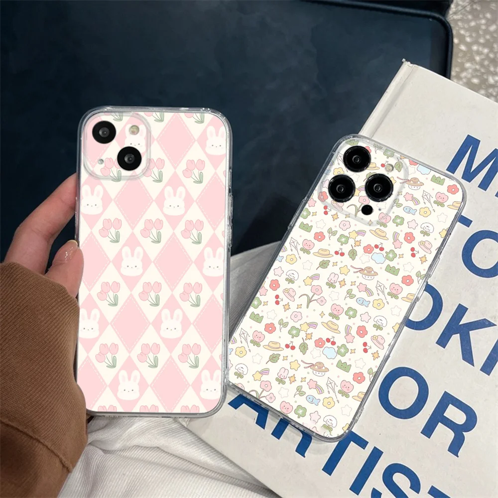 Flower Rabbit Phone Case Iphone 11 12 13 14 Pro Max 13 Mini 13Promax Silicon Funda Cover Trasparenti