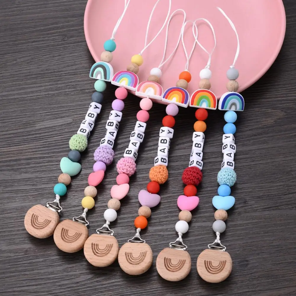 Personalize Name Pacifier Clips Holder Baby Silicone Rainbow Pacifier Holder Chain Baby Handmade Dummy Clips Teether Gift Custom 3