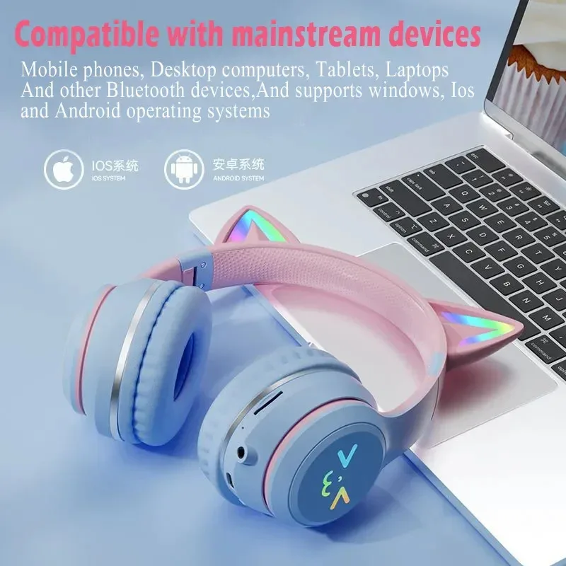 2026 Wireless Headphones RGB Cute Cat Girls Kids Gift Headset with Microphone Stereo Music Gaming Earbud Control Lights Earphone
