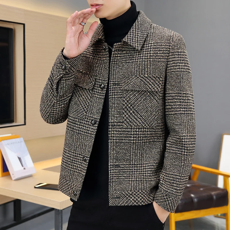 

2022 Autumn Winter Classic Plaid Wool Blends Jacket Men Korean Fashion Casual Business Trench Coat Social Streetwear Overcoat