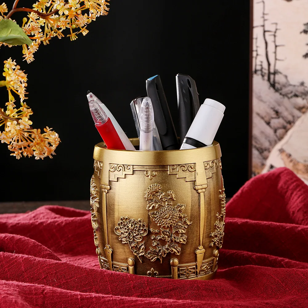 

Brass Engraved Pen Holder Desk Organizer Office Desktop Ornaments Hand Carved Plum Orchid Bamboo and Chrysanthemum Pen Holder