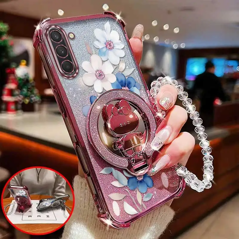 Attractive Flower Phone Case Set with Lanyard and Circular Stand - 3 Piece Set