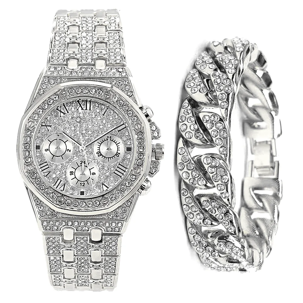 2PCS Iced Out Watch Bracelets for Men Women Couple Luxury Watches Gold Diamond Mens Watch with Cuban Chain Jewelry Dropshipping