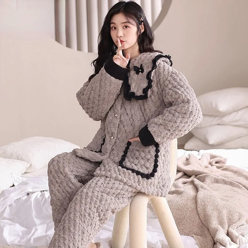 Triple Layered Coral Velvet Pajamas Women Sleepwear Thickened Plush Home Wear Oversized Flannel Loungewear Winter Insulation Set autumn and winter pajamas women s flannel nightgown women s thickened plush coral velvet long lovely sweet bathrobe home clothes