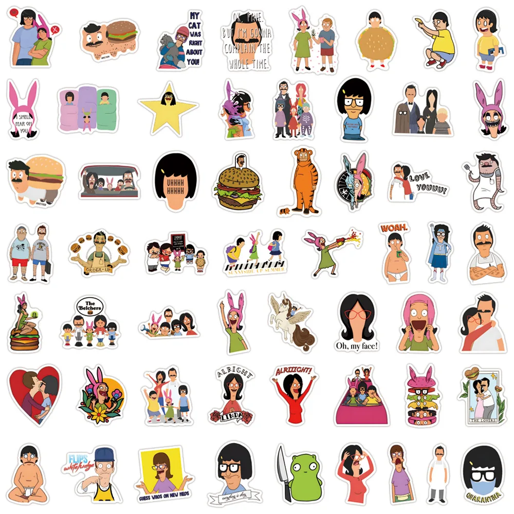 110PCS Bobs Burgers Graffiti Sticker Pack - Creative Decals for Luggage, Laptop, Phone, Guitar, Car, Bike, and Skateboard