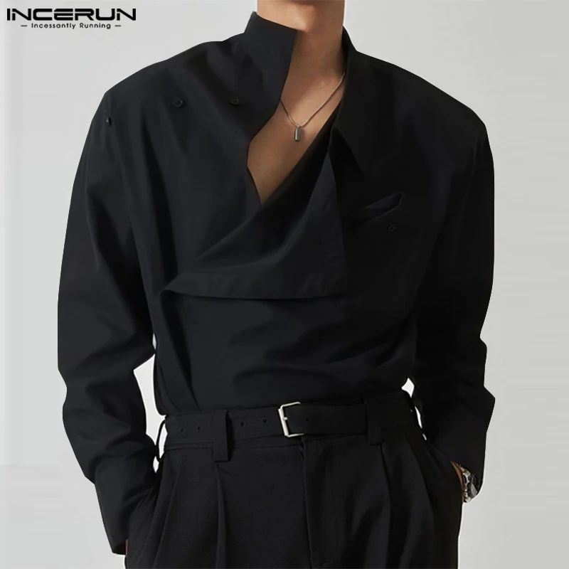 Long Sleeve Shirt Men Casual Shirt Men's Irregular Shirt Solid Color Stand Collar Loose Long Sleeve Casual Men Clothing Streetwear Fashion Male Shirts
