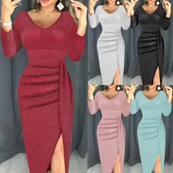 2023 New Autumn Elegant Solid V-Neck Wrap Hip Slim Fit Splice Dress Temperament Commuter Women's Pleated Split Evening Dress