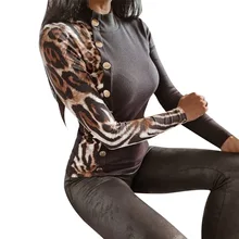 

Women Casual Button Long Sleeve Tops Colorblock Leopard Pullover Round Neck Asymmetrical Patchwork T Shirt Slim Fit Female Tees