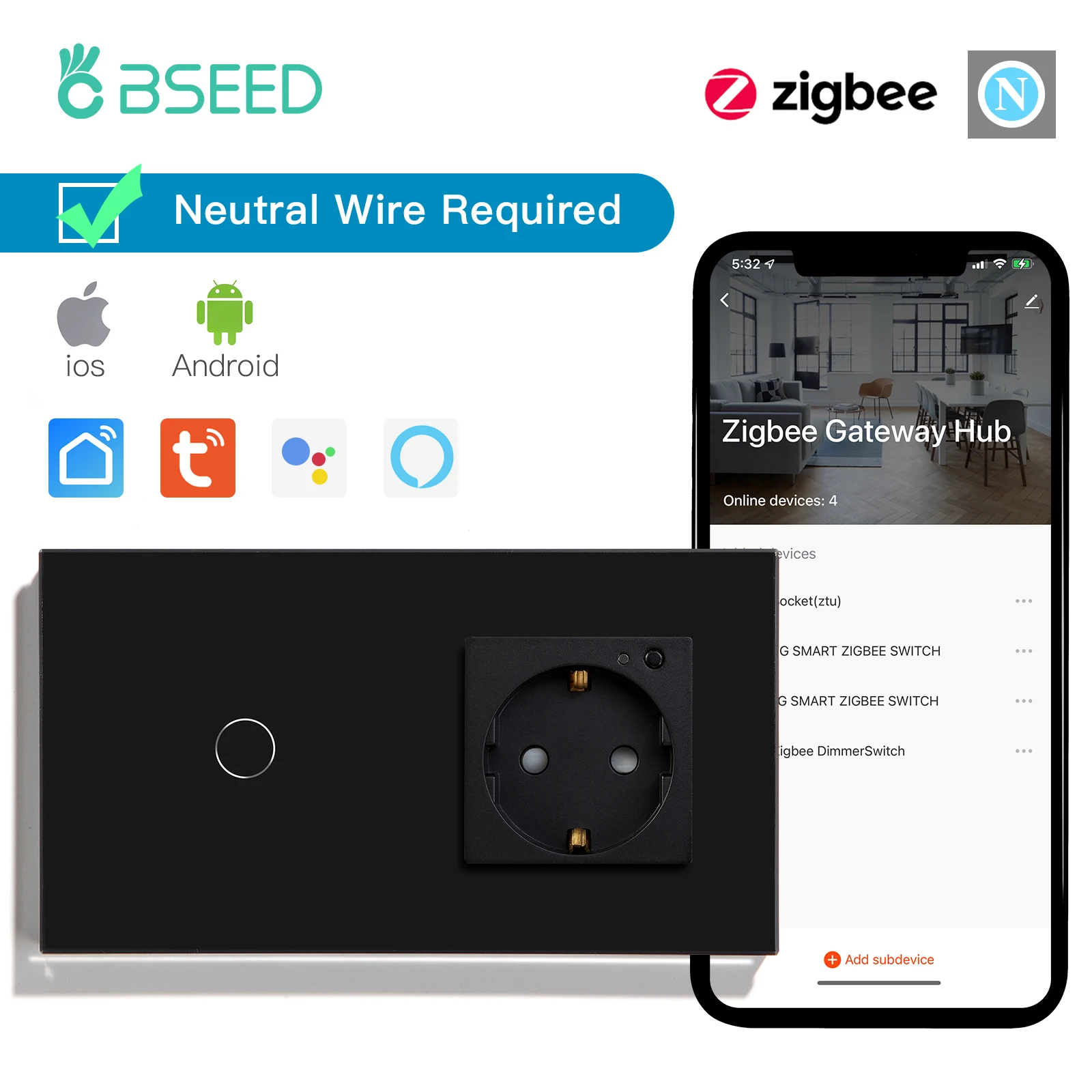 

Настенный светильник ель BSEED Zigbee, 1/2/3 клавиши, с гнездом Zigbee, с евровилкой