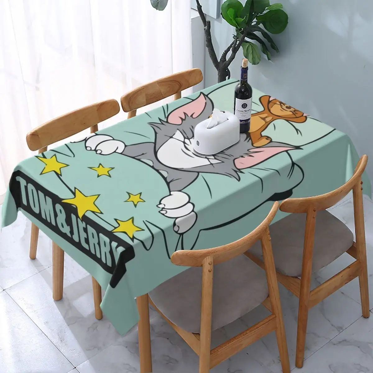 

Прямоугольная Водонепроницаемая маслостойкая Скатерть с подложкой Tom And Jerry, эластичный край, скатерть для стола, подходит для анимационного мультяшного стола