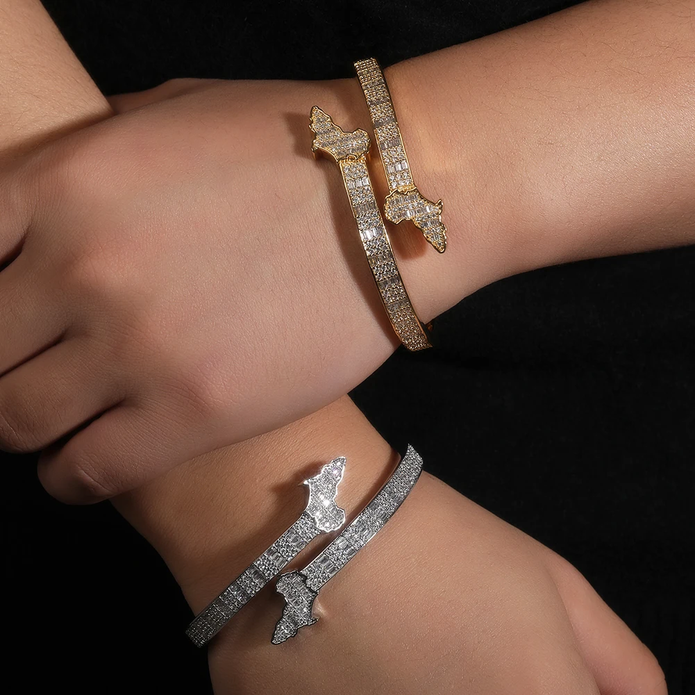 THE BLING KING 6mm Baguettecz Africa Map Cuff Bangle Micro Paved Cubic Zirconia Luxury Wrist Rapper Hiphop Jewelry Punk Bangle