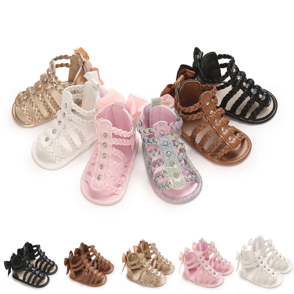 0-18Months Summer Roman Sandals Open Toe Woven Solid Color High Cut Minimalist Rivet Girl Baby Fashion Flat Sandals 1