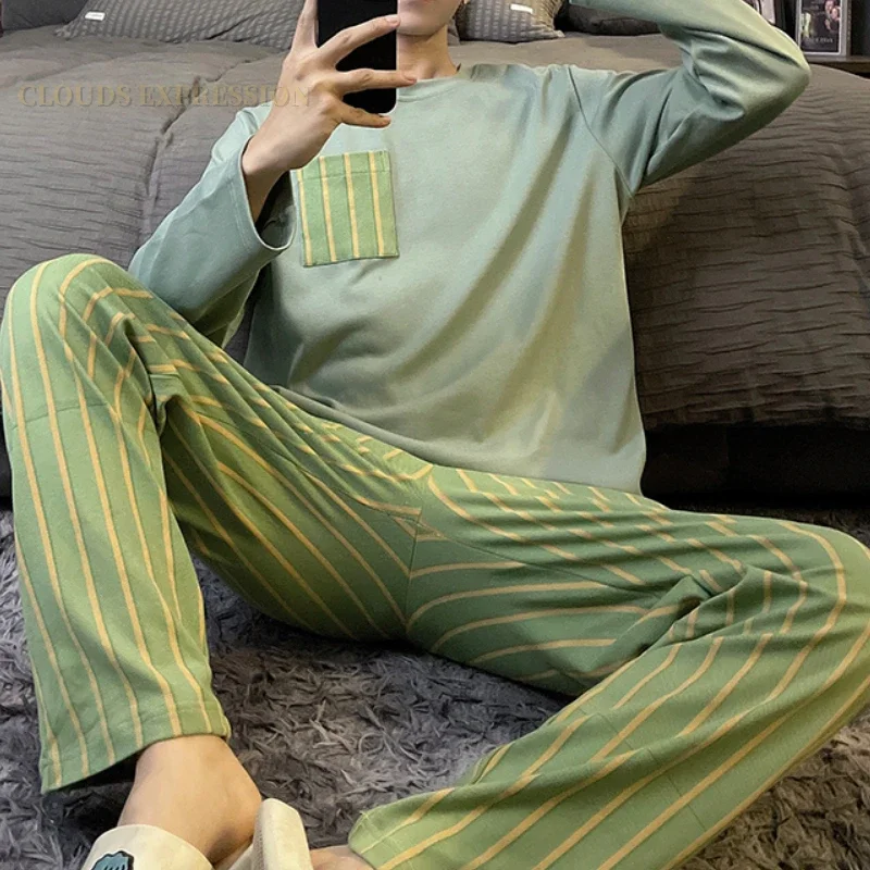 Spring Autumn Knitted Pjs Full-length Men's Pajama Sets Male Pajamas Plaid Loungewear For Masculine Sleepwear Home PJ Clothing