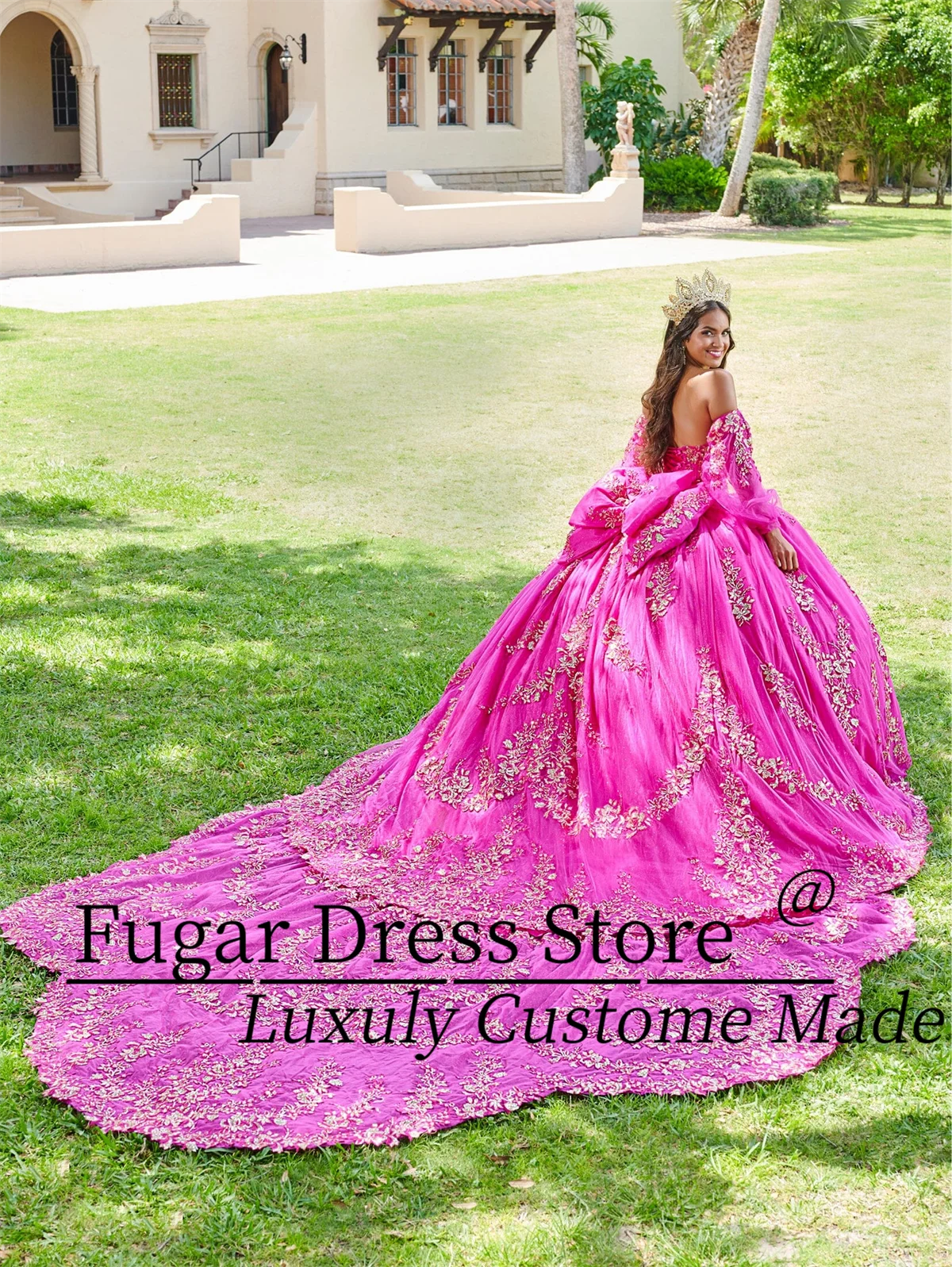 Pink magenta Quinceanera Dresses Sequin decal long sleeved cape skirt Detachable cape and bubble sleeves vestidos para ni&ntilde;as