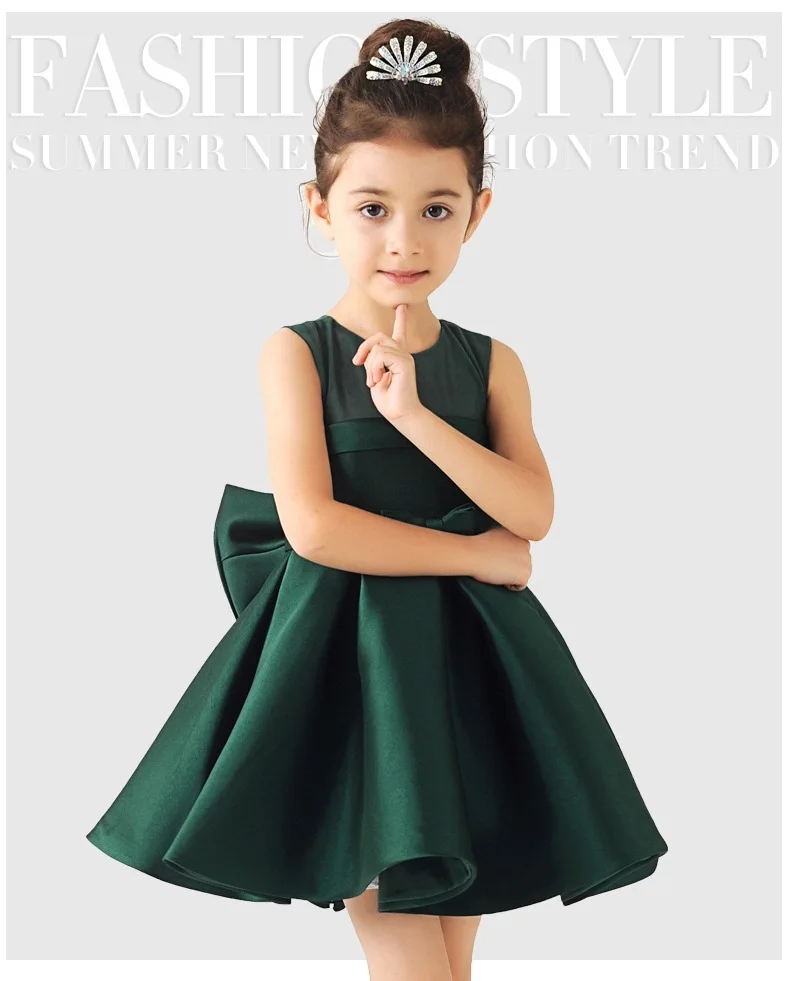 

2023 Baby Girl Green/White/Red Satin Princess Dress with Big Bow Kids Wedding Dress Infants Bridesmaid Clothes Summer Vestidos