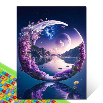 Peinture de diamant de lune violette, broderie de paysage de diamant 5D, ensemble de point de croix, mosaïque ronde complète, art de bricolage, décoration de la maison 1