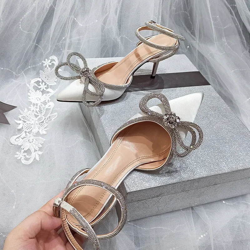 New Fashion Rhinestone Fine Heel Sandals Women Cute Pointed Crystal Fairy Wind Pink Bow Tie Diamond High Heels 2023