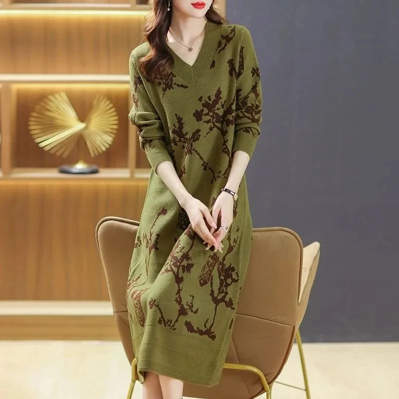 Temperament Knitted V-neck Sweater Dress For Women's Autumn Winter